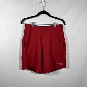 NOBULL Shorts Mens Red Grey Wordmark Logo Zipper Pockets Workout CrossFit Gym
